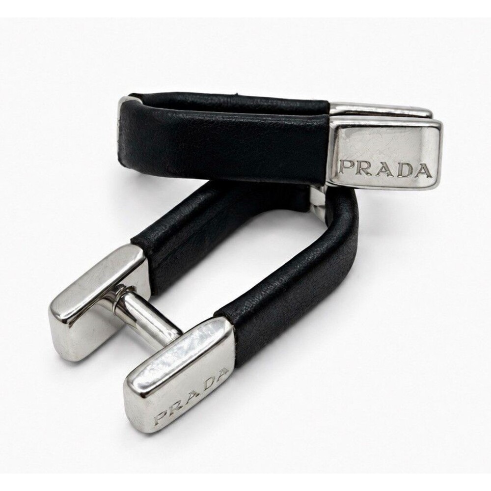 Prada Signed Black Leather & Silver Stainless Steel Bullet Back Cufflinks